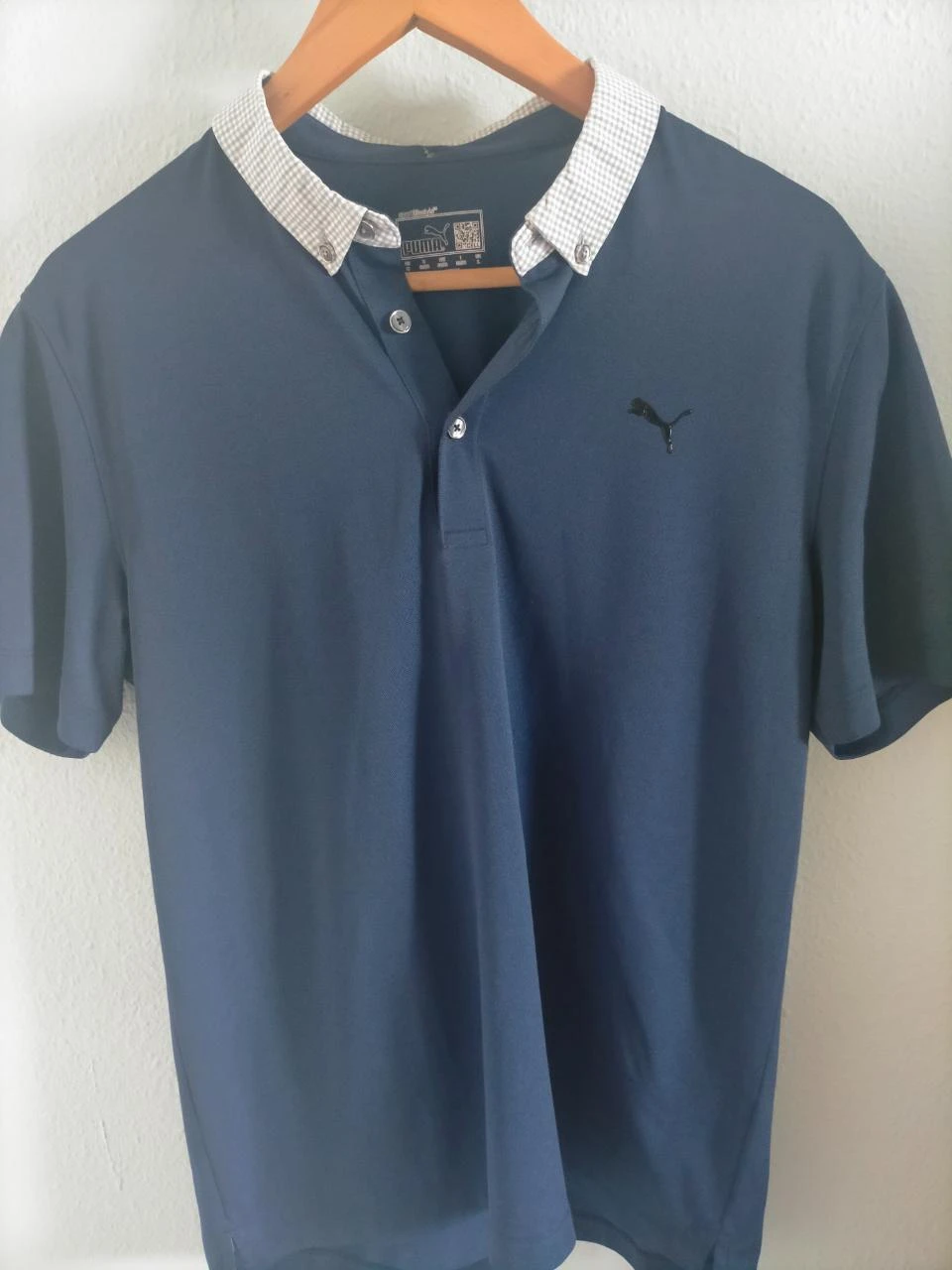 Puma Sports LifeStyle Men's Polo Shirt Navy Blue Gingham Collar Luxury Size L – photo 12